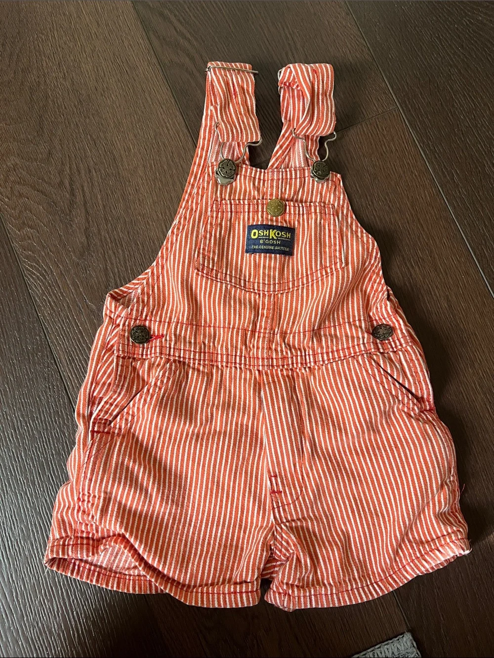 Vintage OshKosh B'Gosh red and white striped shortall overalls